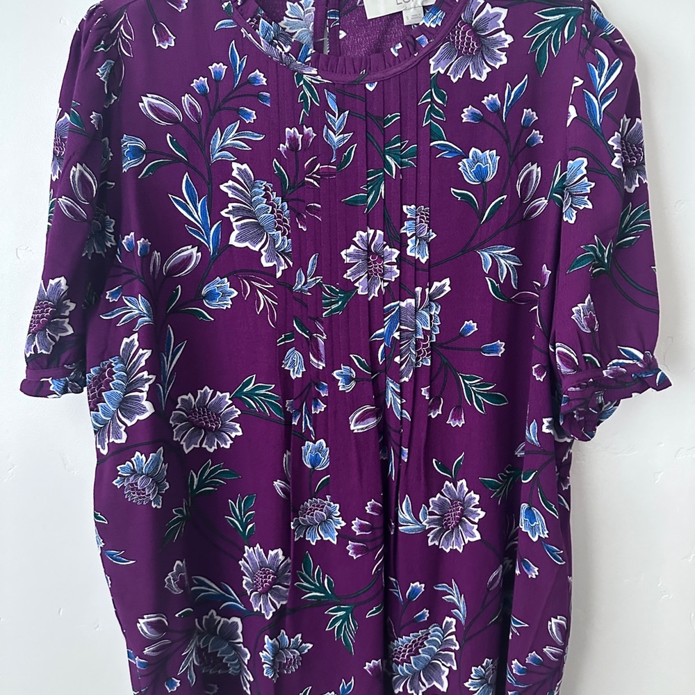 LOFT Purple Pleated Short Sleeve Blouse with Bib Collar